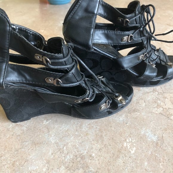 COACH WEDGE SANDLES BLACK LACE UP - Picture 9 of 11